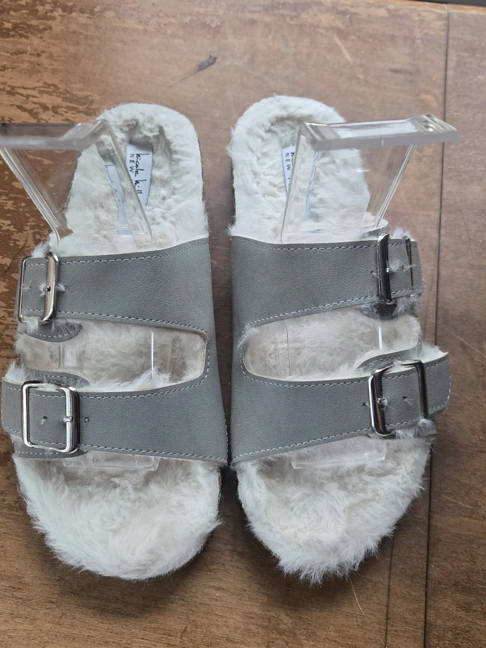 Nicole Miller Womens Gray Two Strap Faux Shearling Cork Slides Sz 8